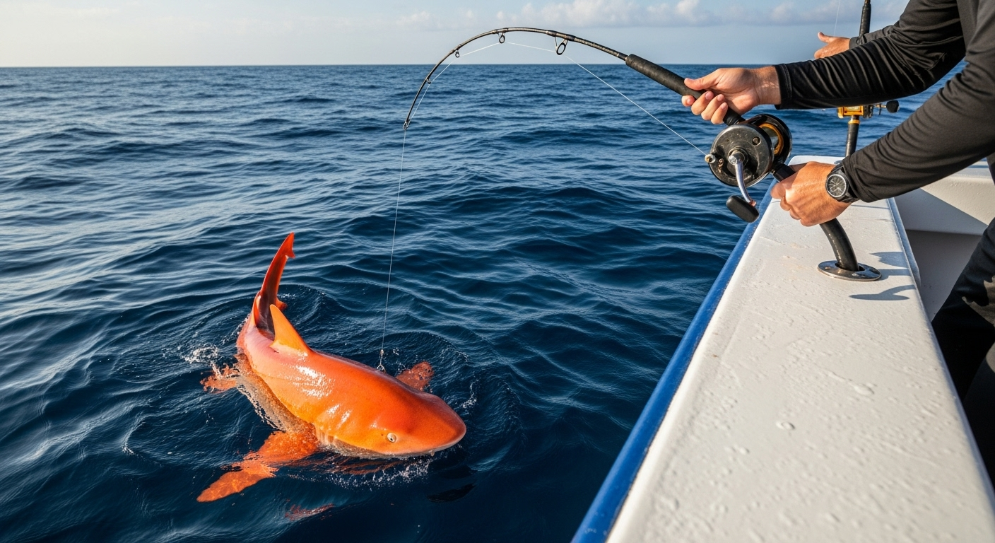 Un incroyable requin orange vif pêché par surprise dans les caraïbes