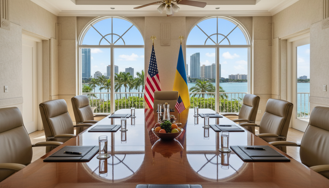 Image générique montrant une table de négociation diplomatique avec des drapeaux américains et ukrai