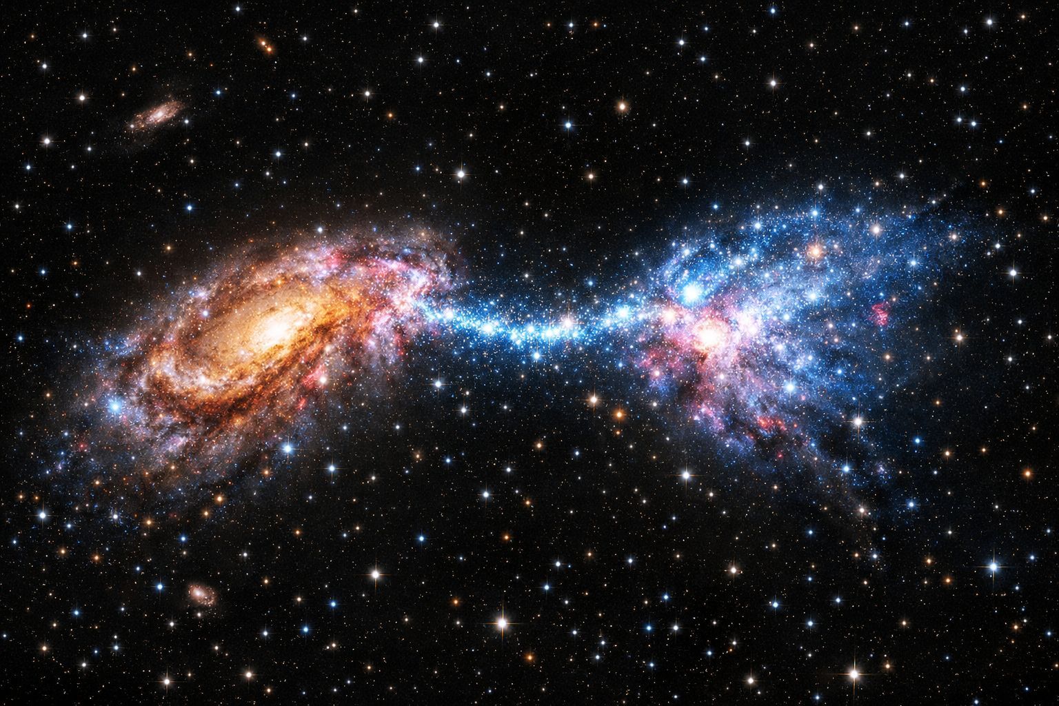 Deux galaxies naines enlacées par un pont d'étoiles fraîchement nées
