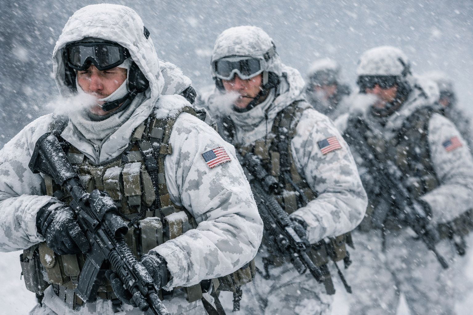 IMAGE_PROMPT: Ultra-realistic 8k photograph of a group of soldiers in arctic camouflage gear walking through a snowstorm, visible breath, detailed fabric textures, flags on shoulders visible but subtle.