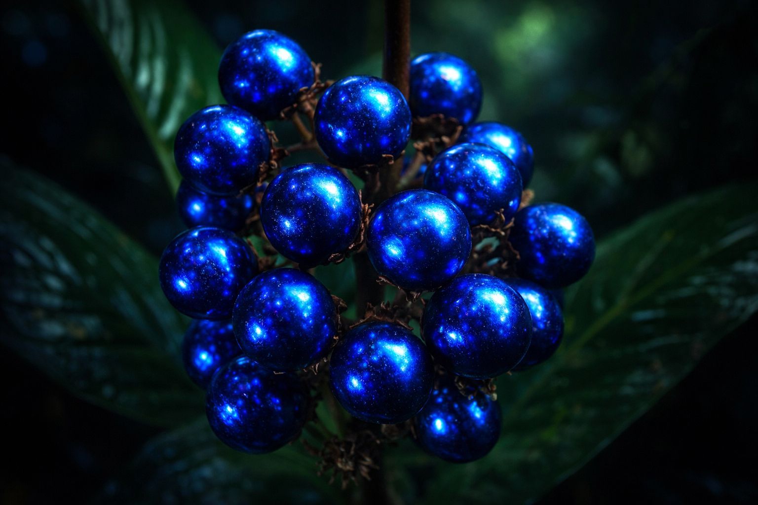 IMAGE_PROMPT: Ultra-realistic 8k photograph of a cluster of Pollia condensata berries in a dark tropical forest setting. The berries are metallic blue, glowing intensely like polished sapphires against deep green foliage. Cinematic lighting, macro photography, extremely sharp focus on the iridescent texture.