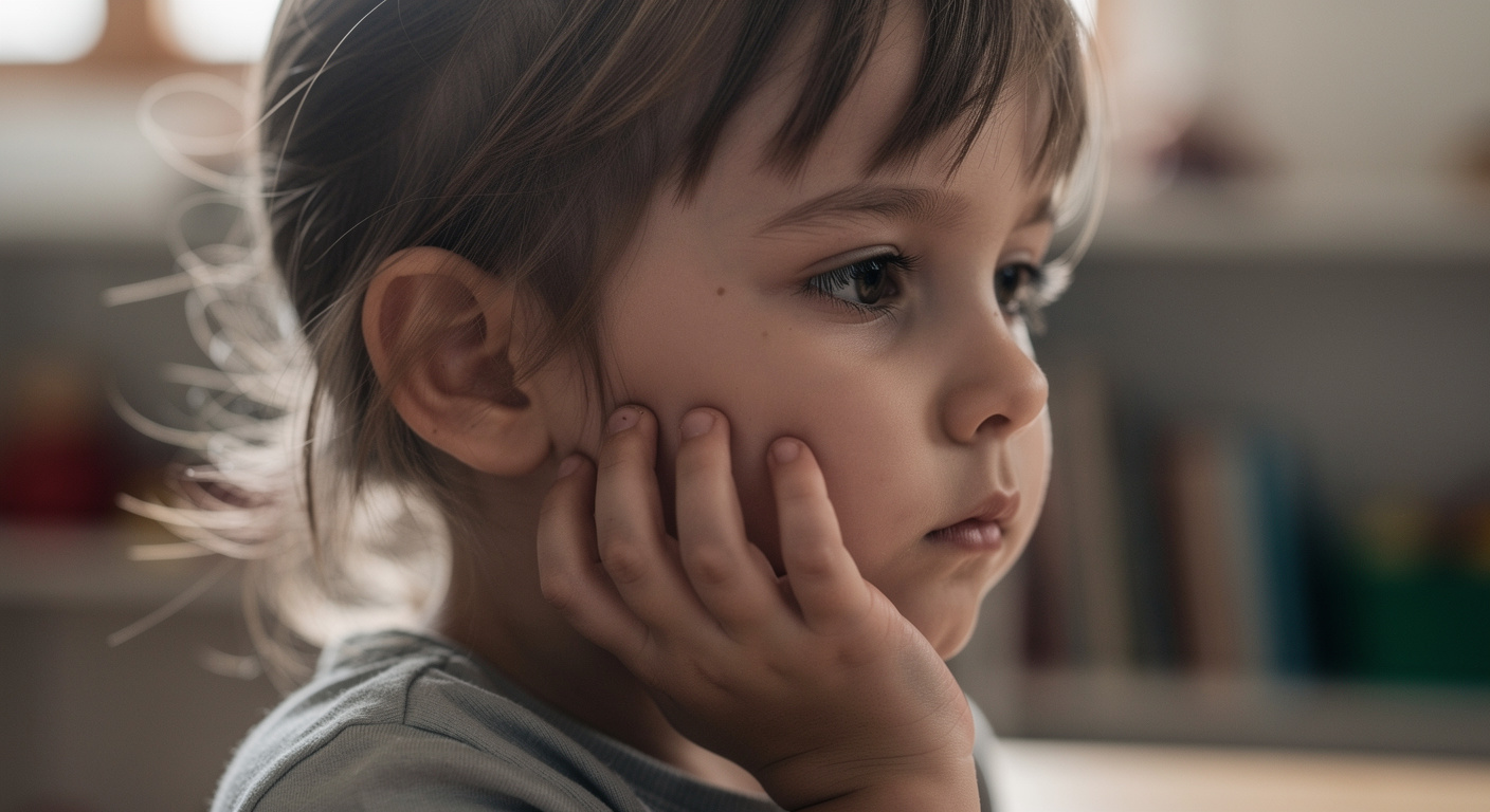 Photographie documentaire en gros plan, éclairage naturel doux. Un jeune enfant de profil, pensif, portant la main à son visage dans un geste innocent. Arrière-plan flou suggérant une salle de classe ou une chambre d'enfant. Style photojournalisme 8K.
