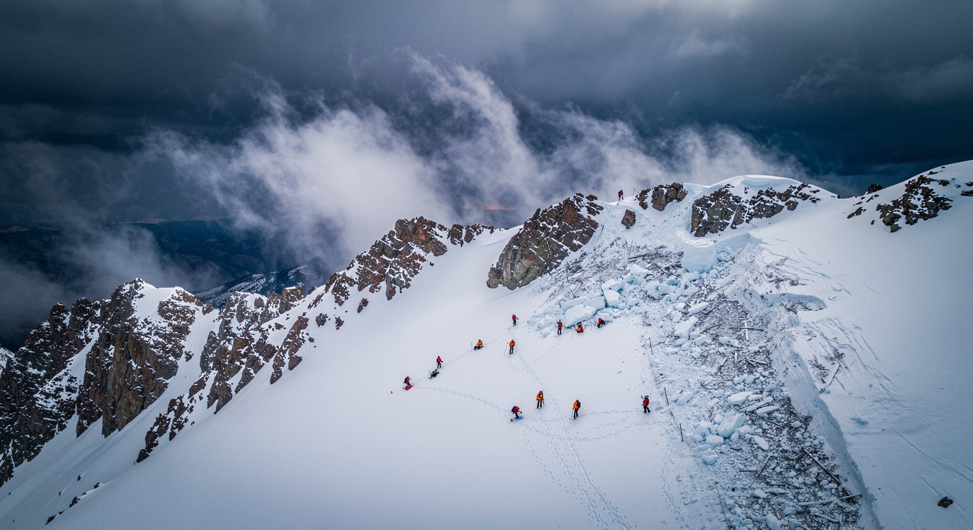 Photographie documentaire ultra-réaliste en 8K. Vue aérienne large d'une montagne enneigée de la Sierra Nevada en Californie sous un ciel tempétueux. Des équipes de secours en tenues colorées (orange et rouge) sont visibles au loin sur une pente immaculée, effectuant des recherches après une avalanche. Lumière diffuse et froide, ambiance dramatique et isolée.