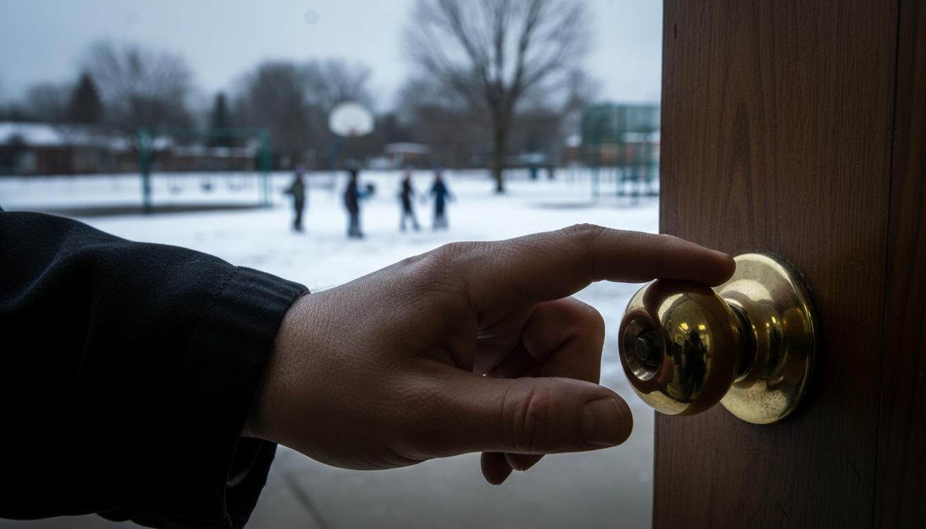 Photographie documentaire. Gros plan sur une main adulte posée sur une poignée de porte de classe