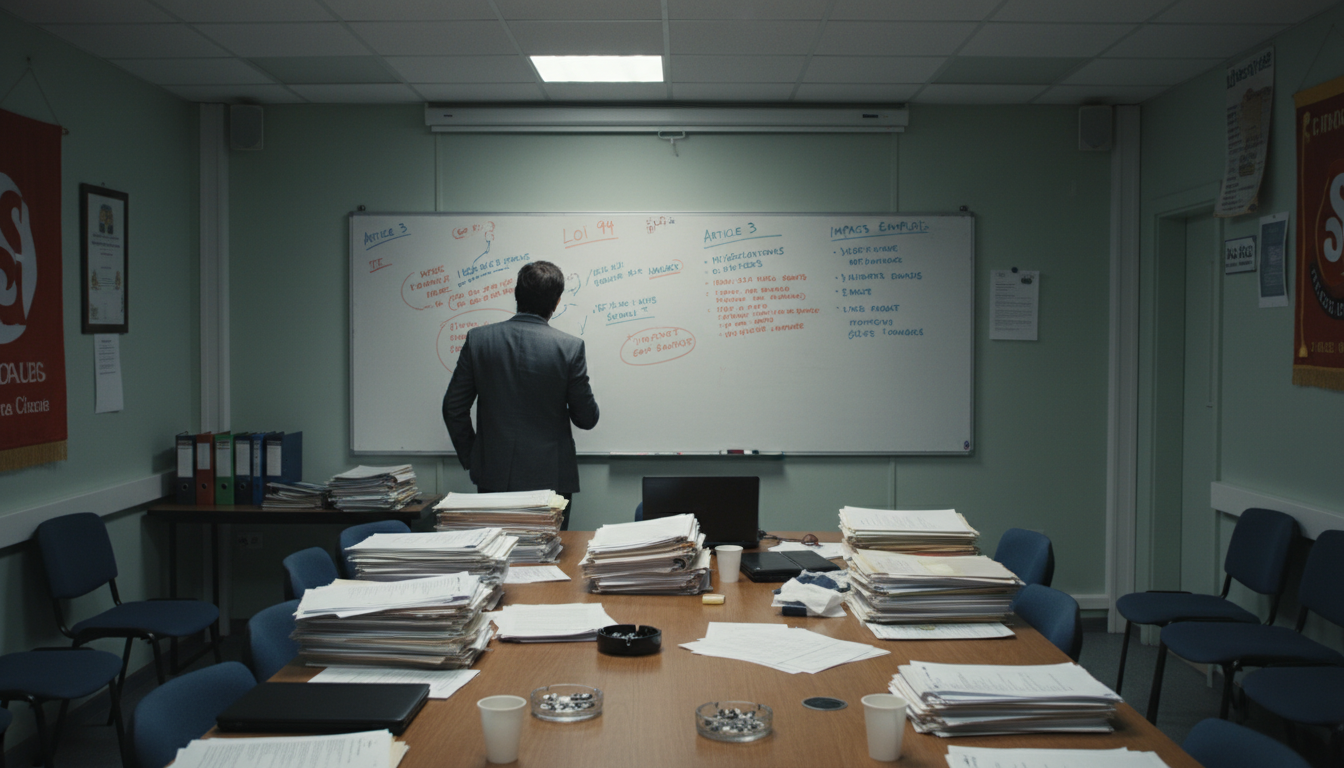 Photographie de presse. Une salle de réunion syndicale avec des dossiers empilés sur une table, une 