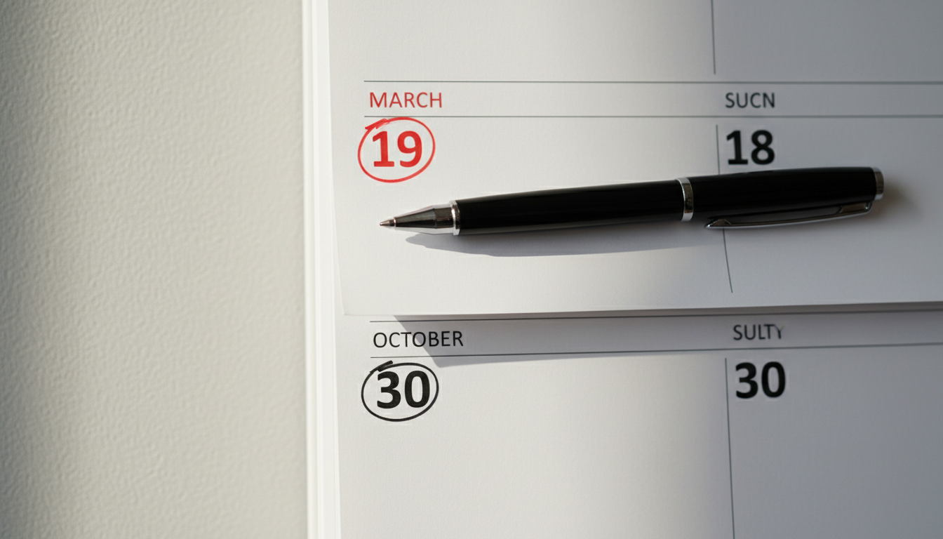 Photographie style éditorial. Un calendrier mural avec la date du 19 mars encerclée en rouge et la d