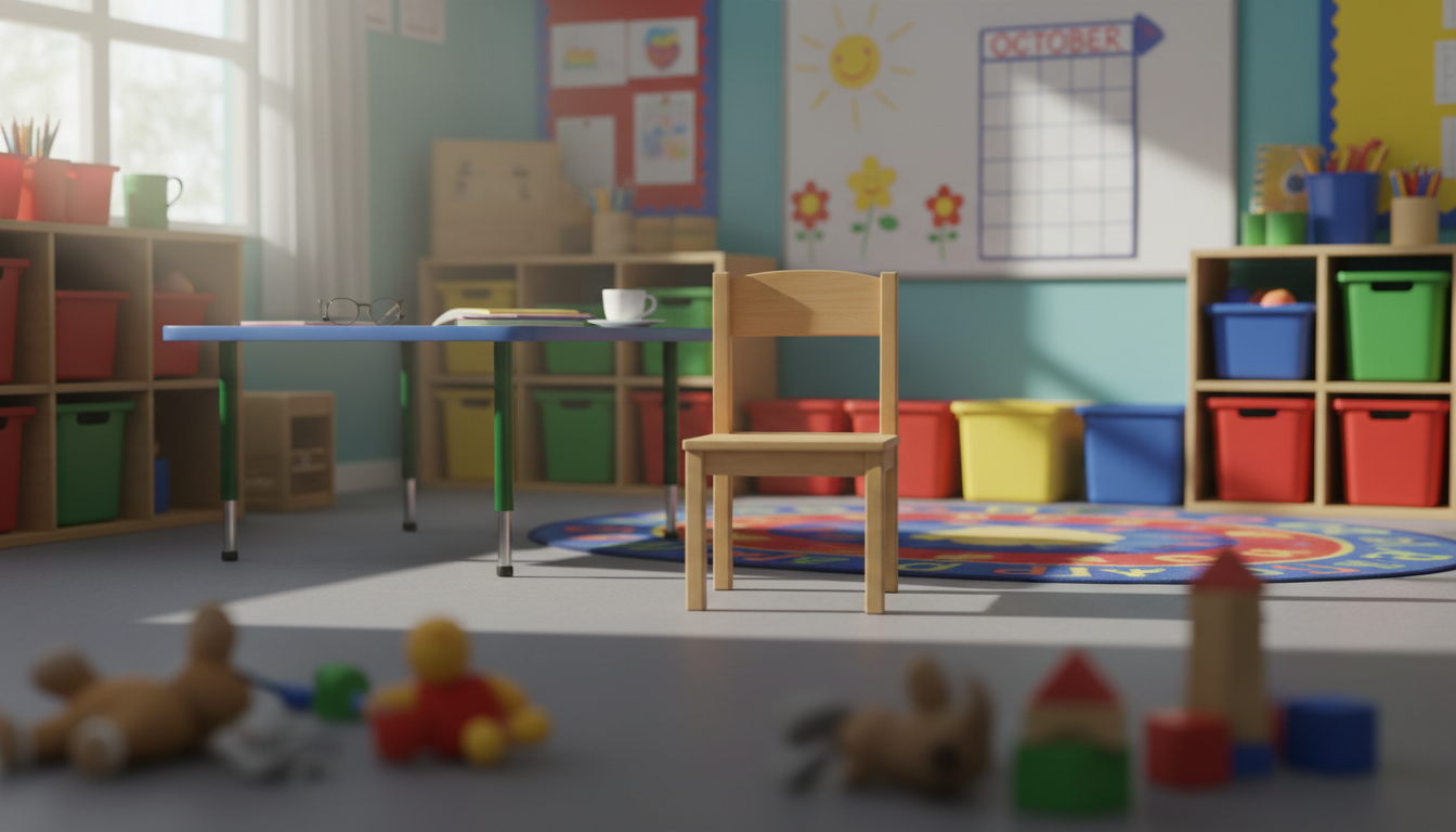 Photographie réaliste. Une chaise vide dans une salle de classe colorée de maternelle. Au premier pl