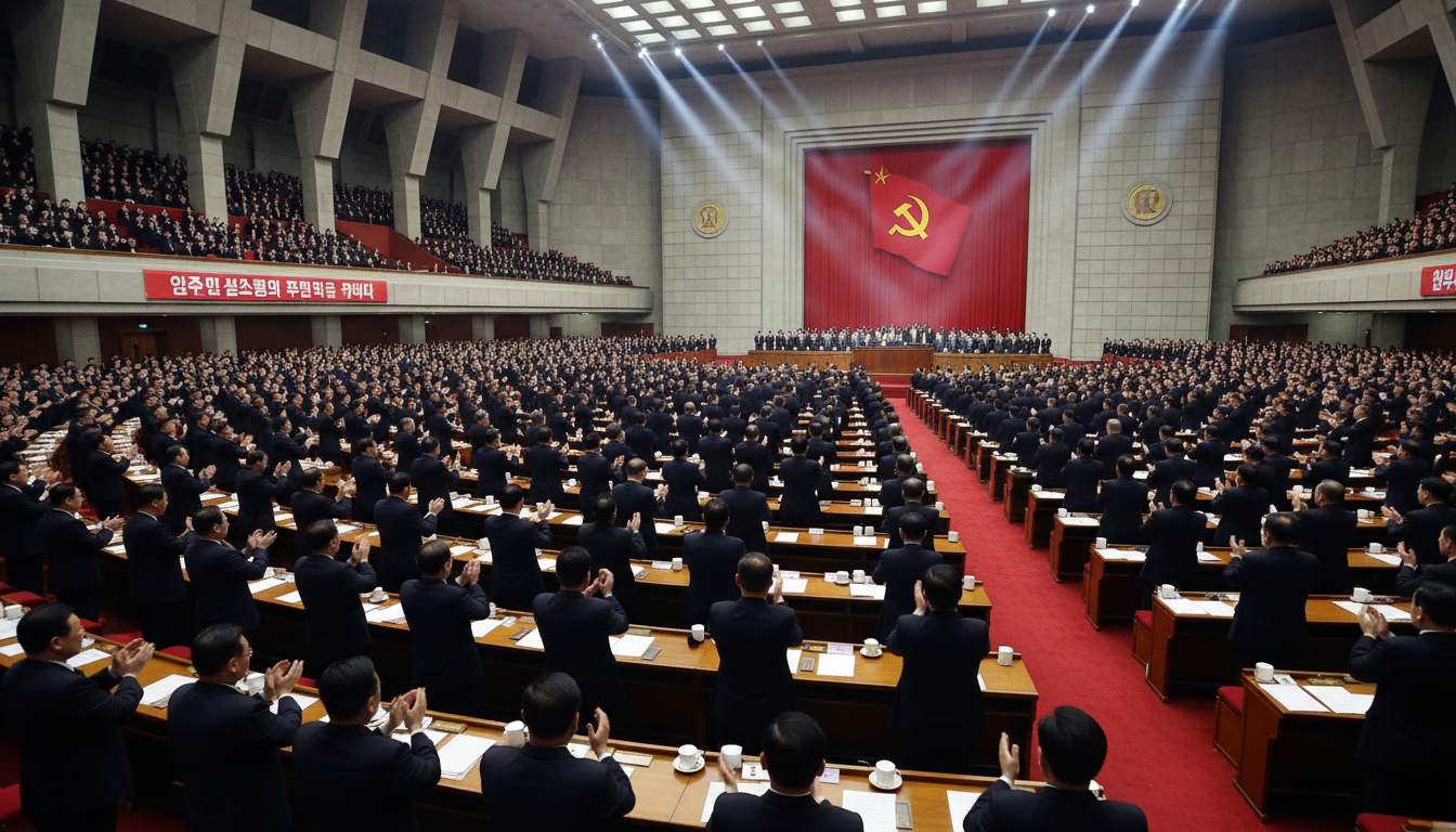 Photographie grand angle d'une salle de congrès immense à Pyongyang, remplie de délégués en costumes