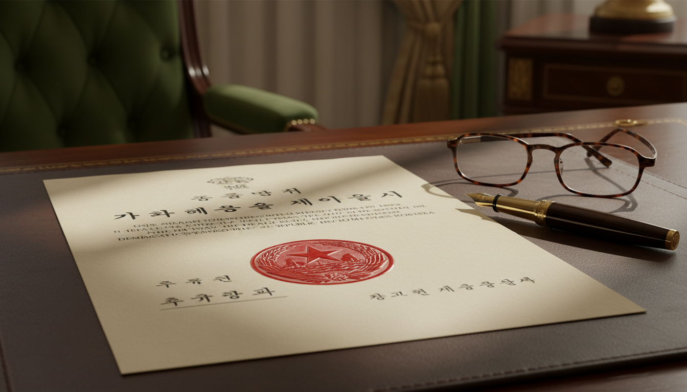 Gros plan sur un document officiel avec un sceau nord-coréen, posé sur un bureau en bois verni, à cô