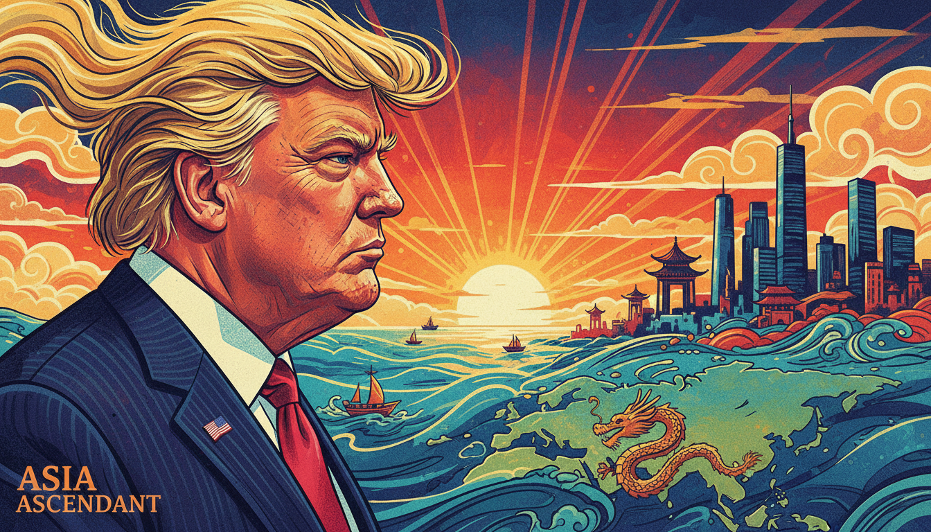 Caricature artistique de Donald Trump de profil, regardant vers l'horizon asiatique, style illustrat