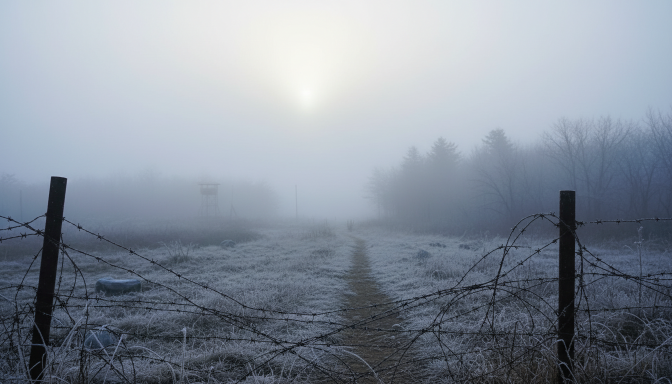 Vue symbolique de la zone démilitarisée (DMZ) entre les deux Corées, barbelés au premier plan, broui
