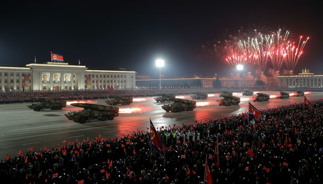 Photographie nocturne ultra-réaliste d'un défilé militaire à Pyongyang, missiles sur des lanceurs mo