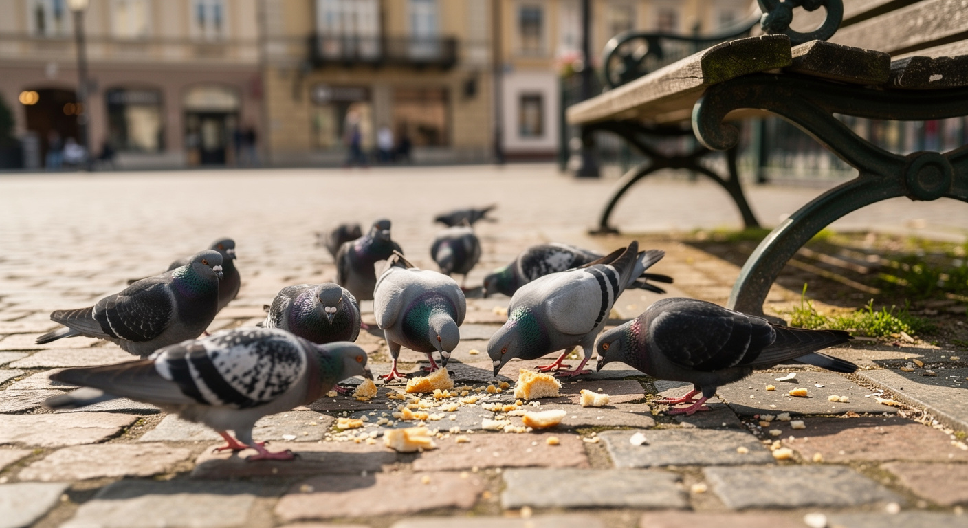 A high-resolution 8K photograph of a group of adult pigeons on a cobblestone city square, natural sunlight casting soft shadows, focus on the birds scavenging for crumbs near a park bench, urban architecture blurred in the background.