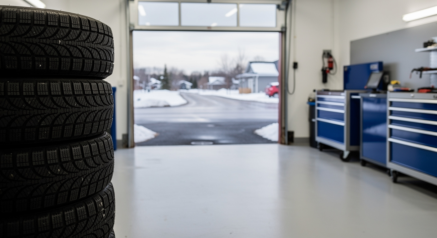 Une photographie professionnelle d'un garage automobile propre et moderne au Québec. Au premier plan, des pneus d'hiver aux rainures profondes sont empilés proprement. En arrière-plan, à travers une porte de garage ouverte, on aperçoit une route légèrement humide sous un ciel de fin d'hiver avec quelques plaques de neige fondante. Éclairage naturel, 8K, style documentaire.