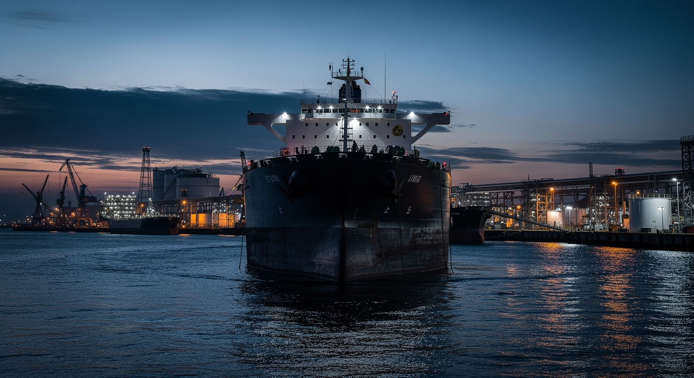 Photographie professionnelle 8K ultra-réaliste. Un pétrolier massif naviguant au crépuscule dans des eaux calmes, avec en arrière-plan des installations portuaires industrielles éclairées. Atmosphère tendue, éclairage dramatique, couleurs froides et contrastées.