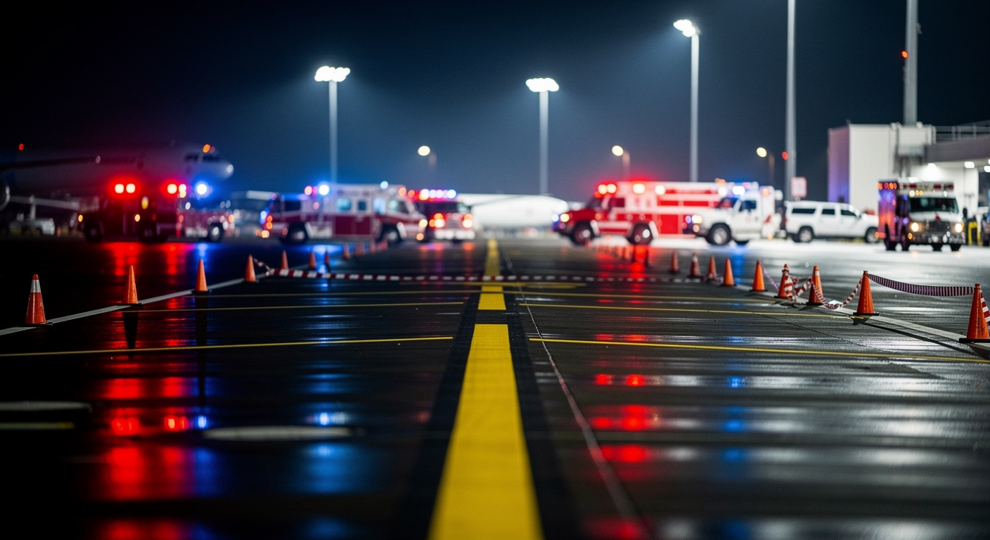 Photographie de presse 8K. Piste d'atterrissage d'un grand aéroport américain la nuit. Tarmac humide reflétant les lumières de sécurité. Présence de rubans de balisage et de véhicules d'urgence en arrière-plan flou. Éclairage de type projecteurs industriels, ambiance factuelle.