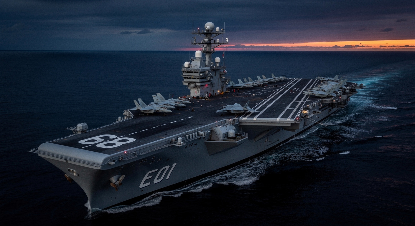 Photographie documentaire de qualité 8K. Vue plongeante sur un navire porte-avions militaire naviguant sur un océan sombre au crépuscule. L'éclairage naturel dramatique souligne l'immensité de la mer et la complexité technologique du navire. Atmosphère de tension silencieuse.