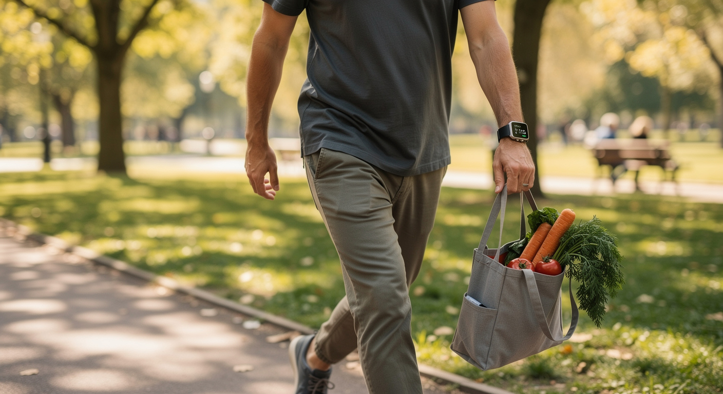 Un adulte marchant d'un pas dynamique dans un parc ensoleillé, portant une montre connectée et tenant un petit cabas contenant des légumes frais, photographie documentaire ultra-réaliste 8K, lumière naturelle douce.