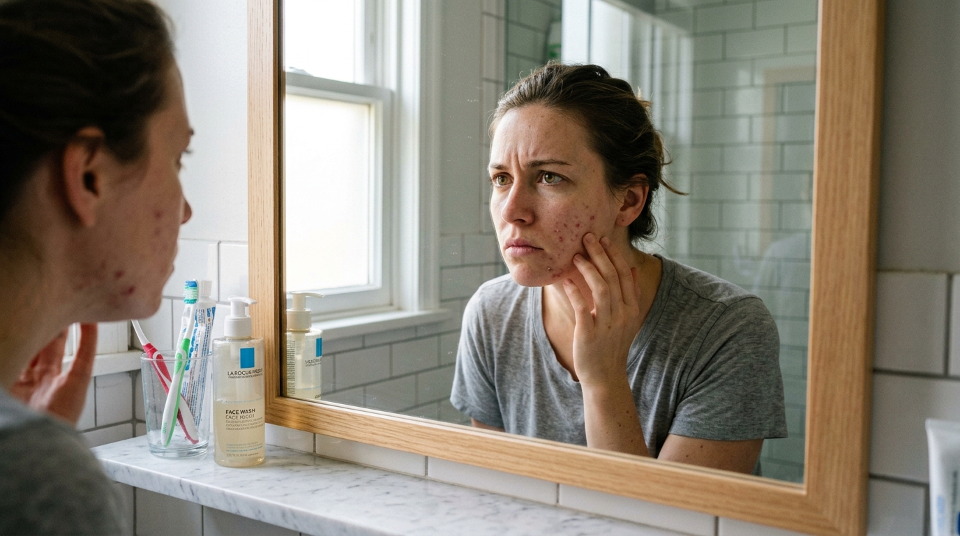 Photographie en gros plan du visage d'une jeune femme de 25 ans regardant sa peau dans le miroir de sa salle de bain. La lumière du matin éclaire son visage, mettant en évidence quelques imperfections sur sa joue. Son expression est un mélange de frustration et d'interrogation. Style photojournalistique, haute résolution 8K.