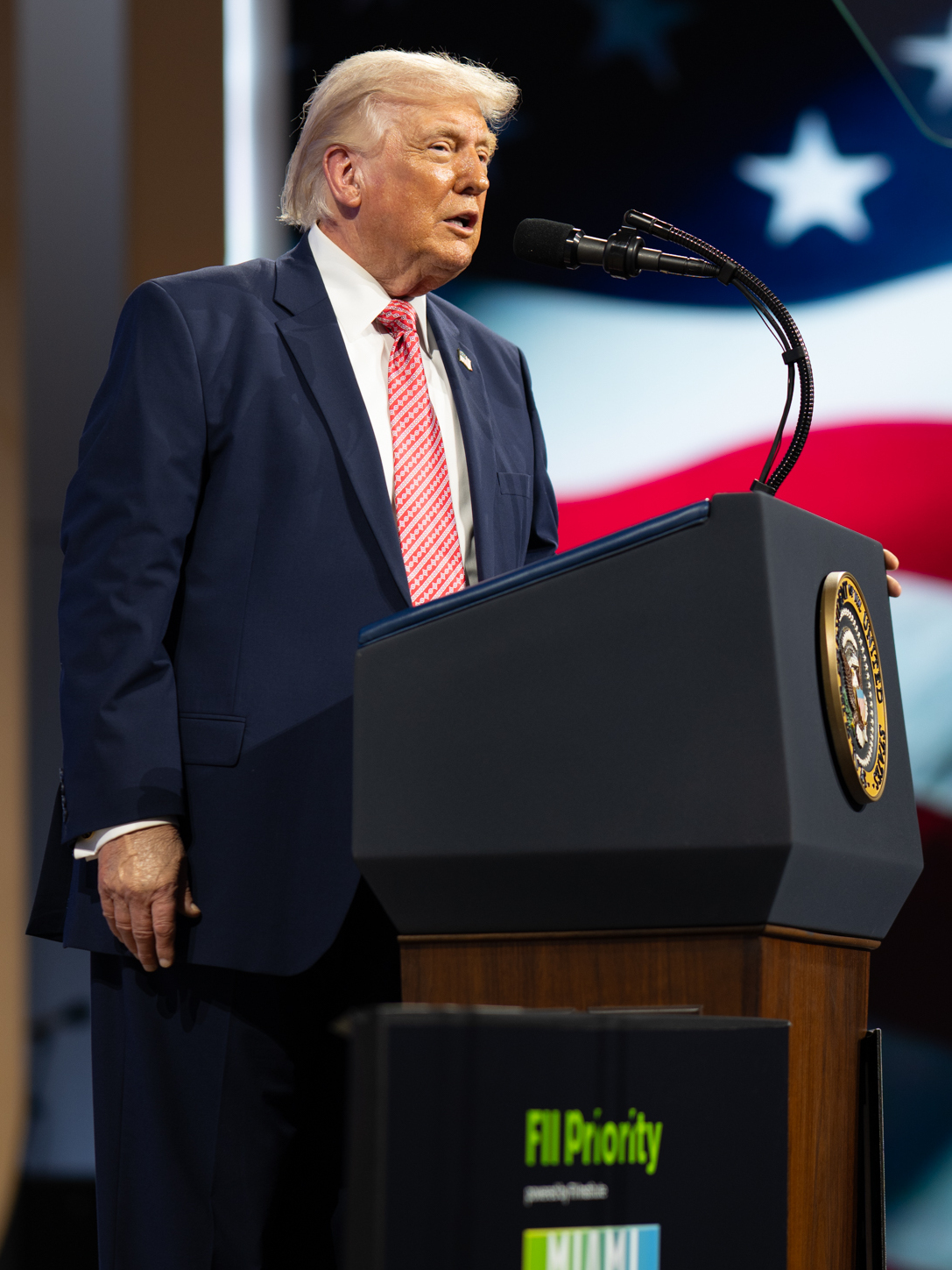 President Donald Trump delivers remarks at the F11 PRIORITY Summit at the Faena Forum in Miami, Florida (P20260327MR-1291 af9856) (cropped).jpg