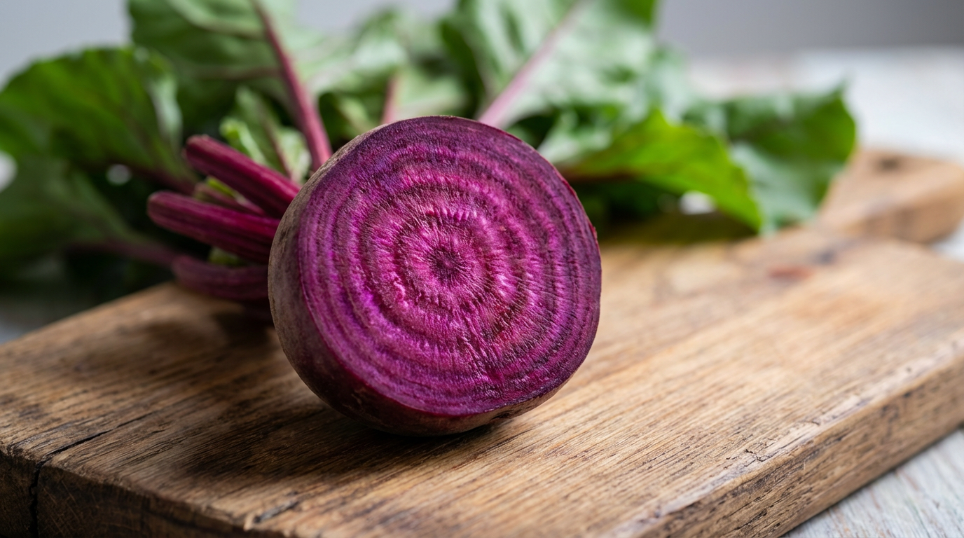 Photographie culinaire professionnelle d'une betterave rouge fraîche, coupée en deux sur une planche en bois rustique. L'éclairage est doux et naturel, mettant en valeur la couleur pourpre intense et les cercles concentriques du légume. En arrière-plan flou, quelques feuilles de betterave vertes. Ambiance saine et apaisante. Qualité 8K.