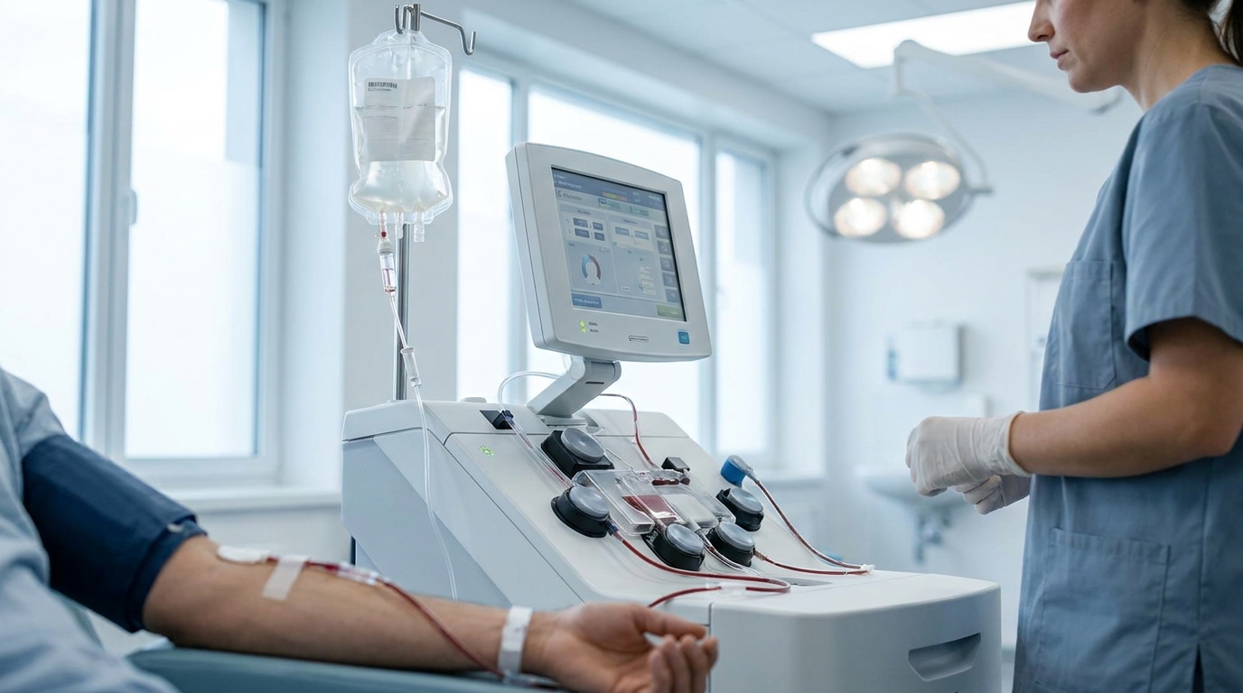 Photographie de presse ultra-réaliste d'un dispositif médical d'aphérèse en action. Une poche de sang est visible, connectée par des tubes à une machine high-tech dans un environnement clinique stérile et lumineux. L'éclairage est doux, mettant en valeur la technologie et la propreté. Angle de vue moyen, focus sur la machine. Qualité 8K.