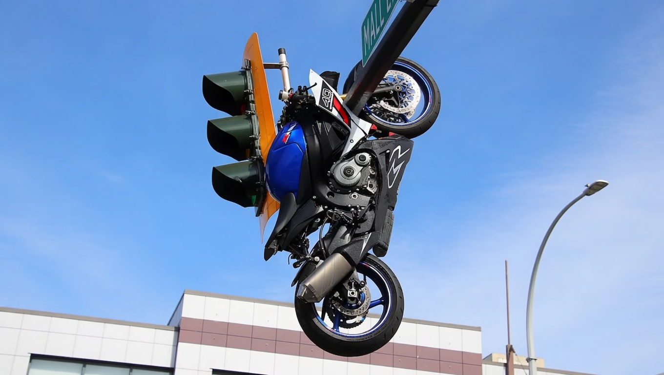 Sa moto finit suspendue à un feu rouge : l&rsquo;accident qui défie l&rsquo;imagination