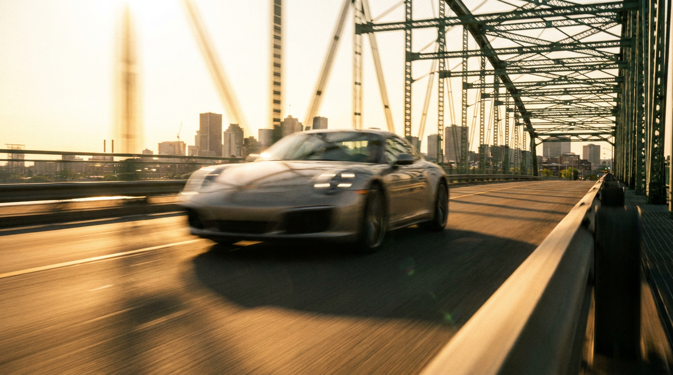 Photographie ultra-réaliste d'une voiture de sport floue, capturée en pleine vitesse sur le pont Jacques-Cartier au lever du soleil. L'éclairage est doré et bas, créant de longues ombres. La perspective est prise depuis le bas-côté, donnant une impression de vitesse vertigineuse. Qualité 8K, style photo de presse.