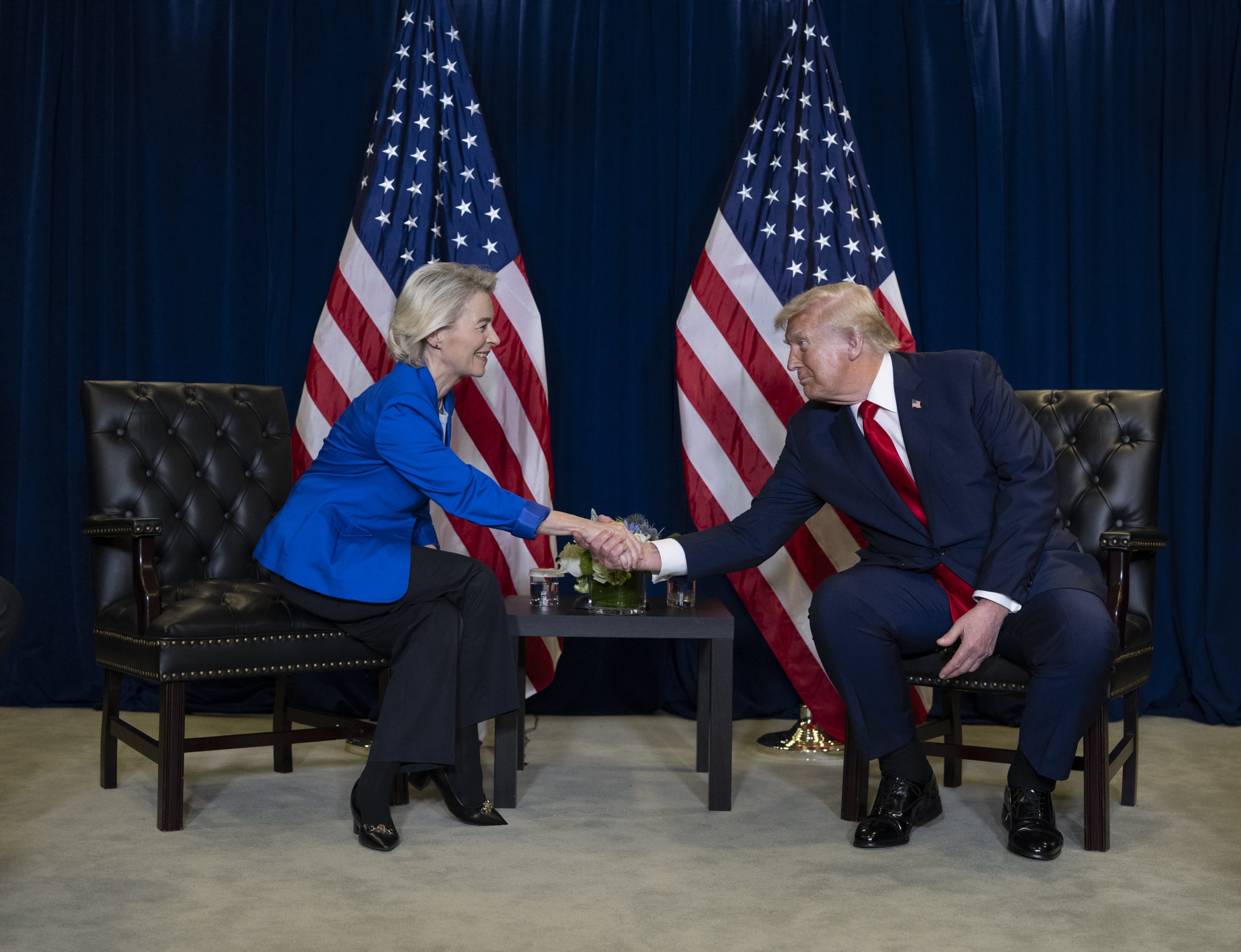 President Donald Trump participates in a pull-aside meeting with Ursula von der Leyen, President of the European Commission, at the United Nations Headquarters (54822741757).jpg